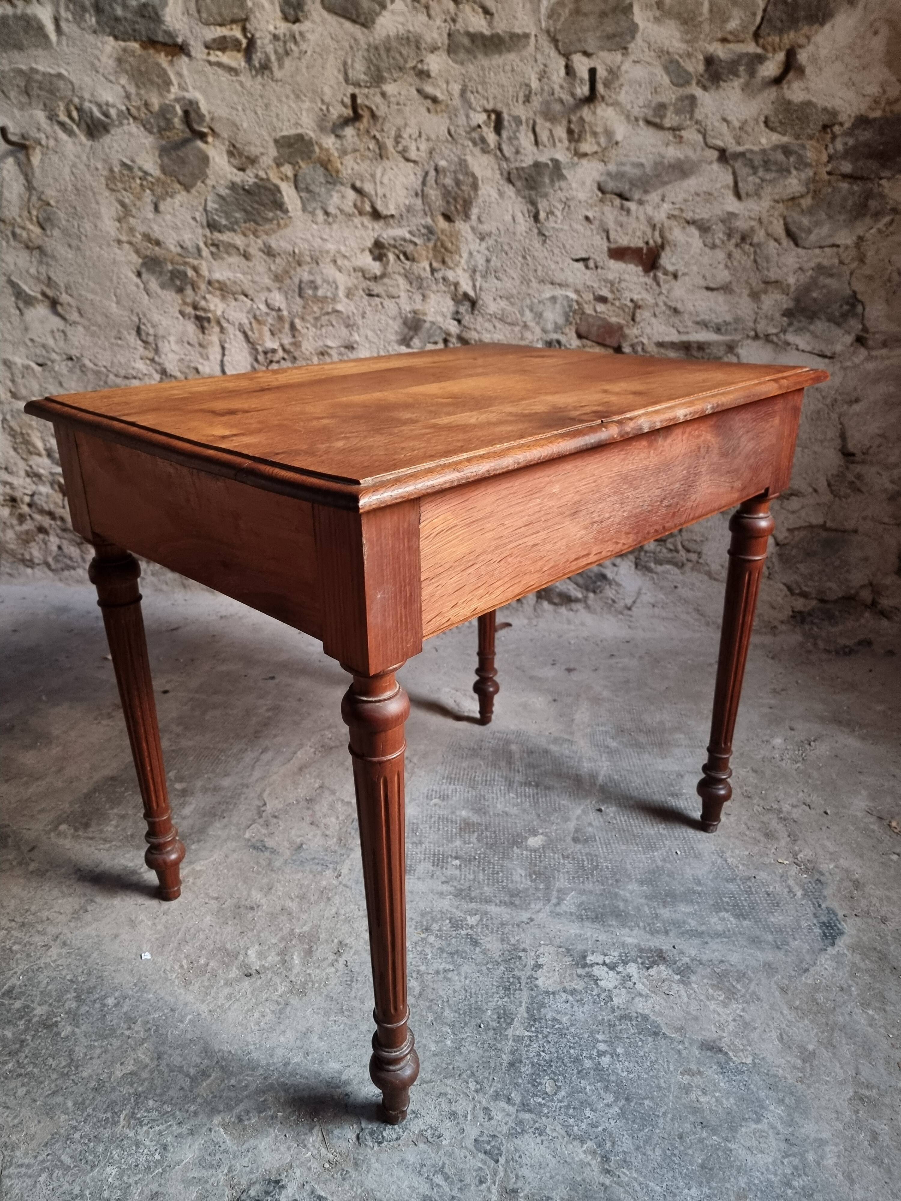 Antique oak writing table with drawer, French side table, console, solid oak desk, circa 1930–1950.