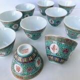 Chinese porcelain tea service with wicker basket