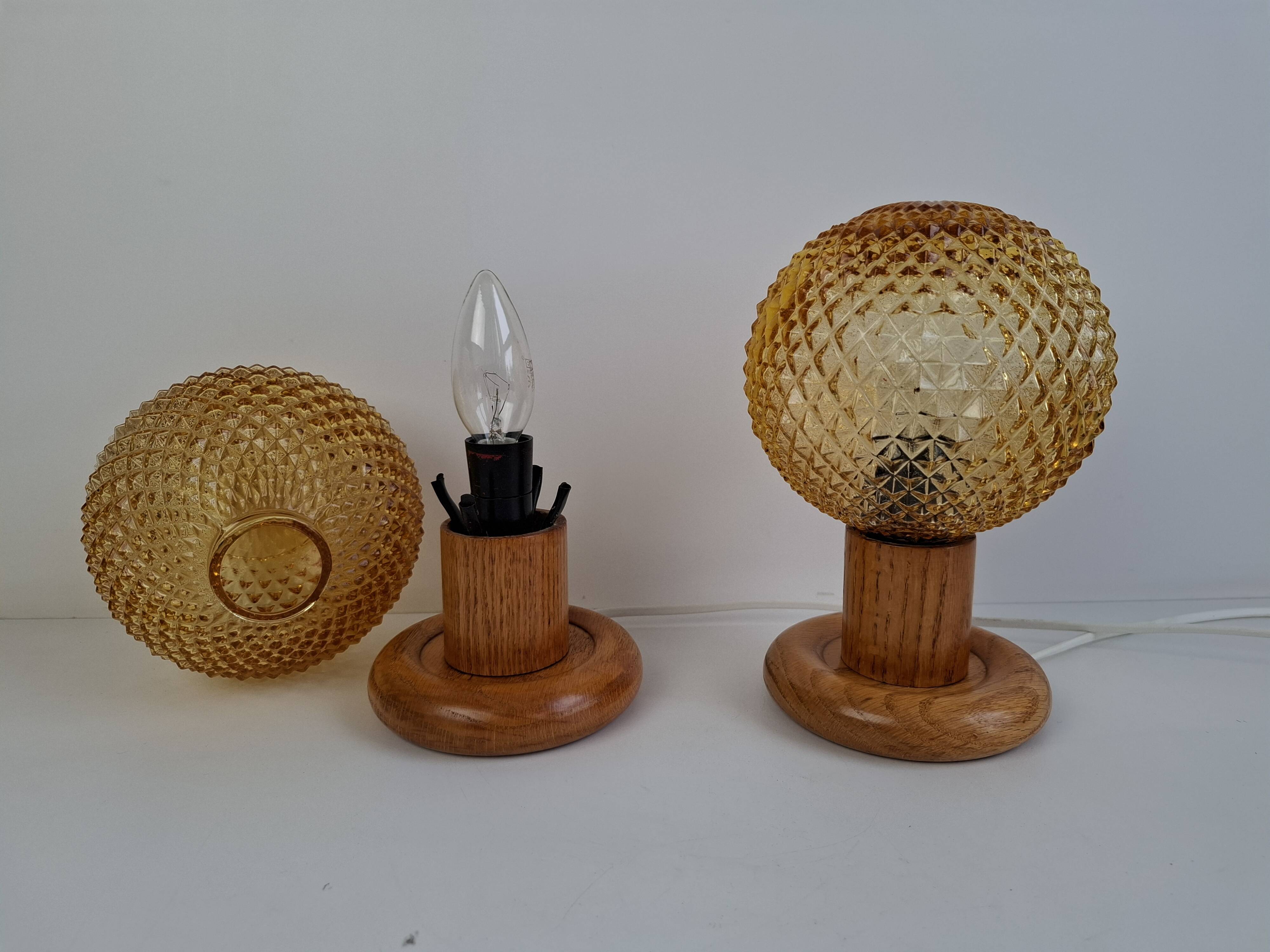 Pair of Mid-Century Table Lamps with Amber Glass and Wooden Base