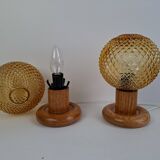Pair of Mid-Century Table Lamps with Amber Glass and Wooden Base