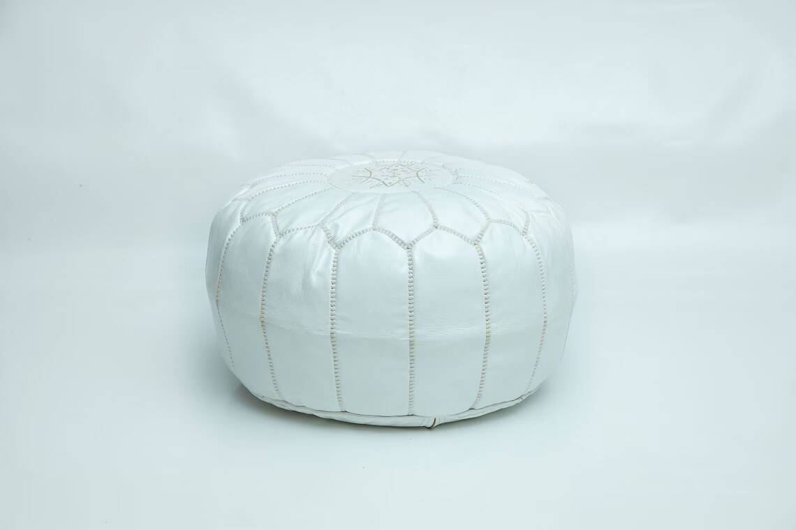 Moroccan leather pouf, moroccan ottoman pouf, white moroccan pouf, vintage