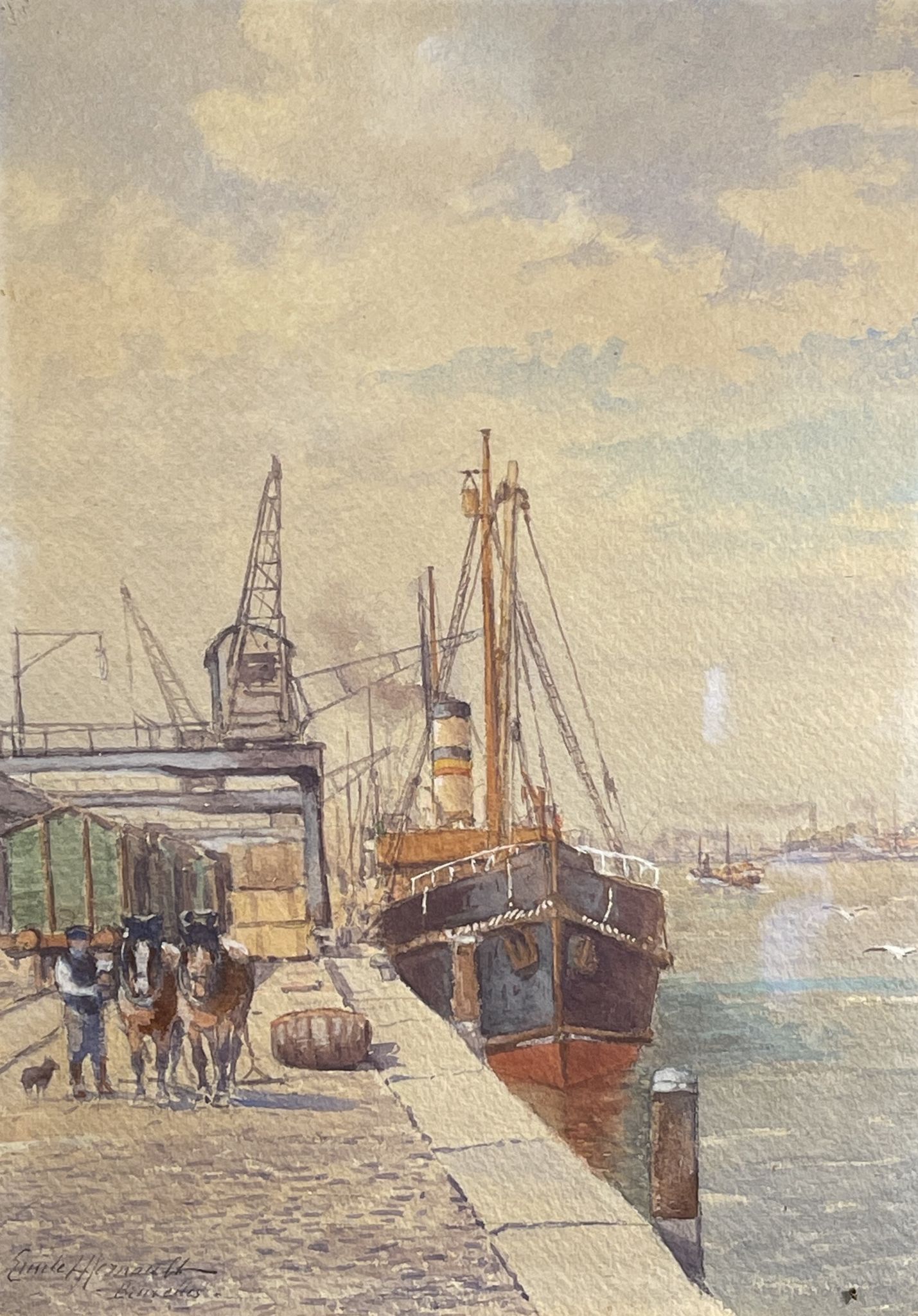 "Quai à Bruxelles" by Emile Lhernault, Tableau Aquarelle Marine, Halage et Chevaux de Trait ca 1910