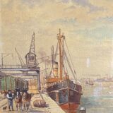 "Quai à Bruxelles" by Emile Lhernault, Tableau Aquarelle Marine, Halage et Chevaux de Trait ca 1910