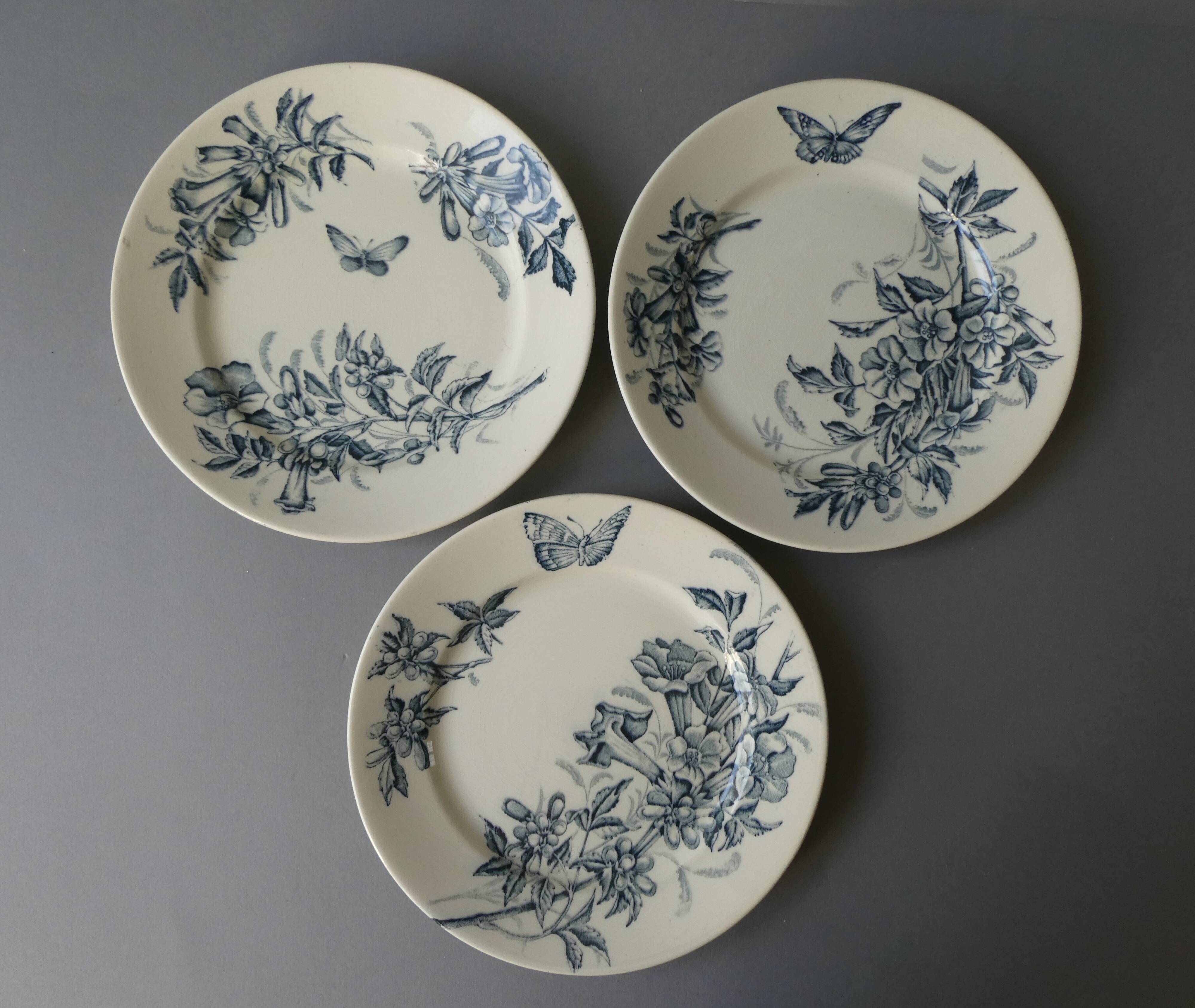 3 ironstone plates Badonviller France, flowers, butterflies