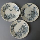 3 ironstone plates Badonviller France, flowers, butterflies