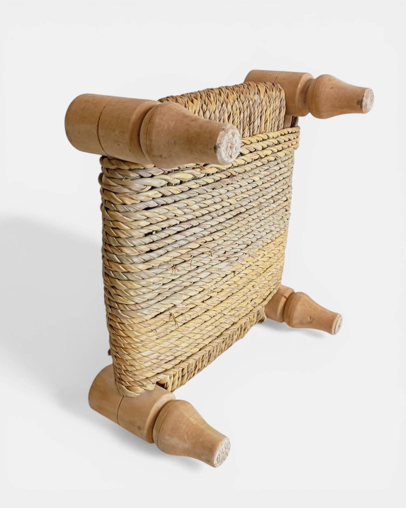 Organic Modern Turned Wood and Rope Footstool in the Style of Charlotte Perriand