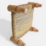 Organic Modern Turned Wood and Rope Footstool in the Style of Charlotte Perriand