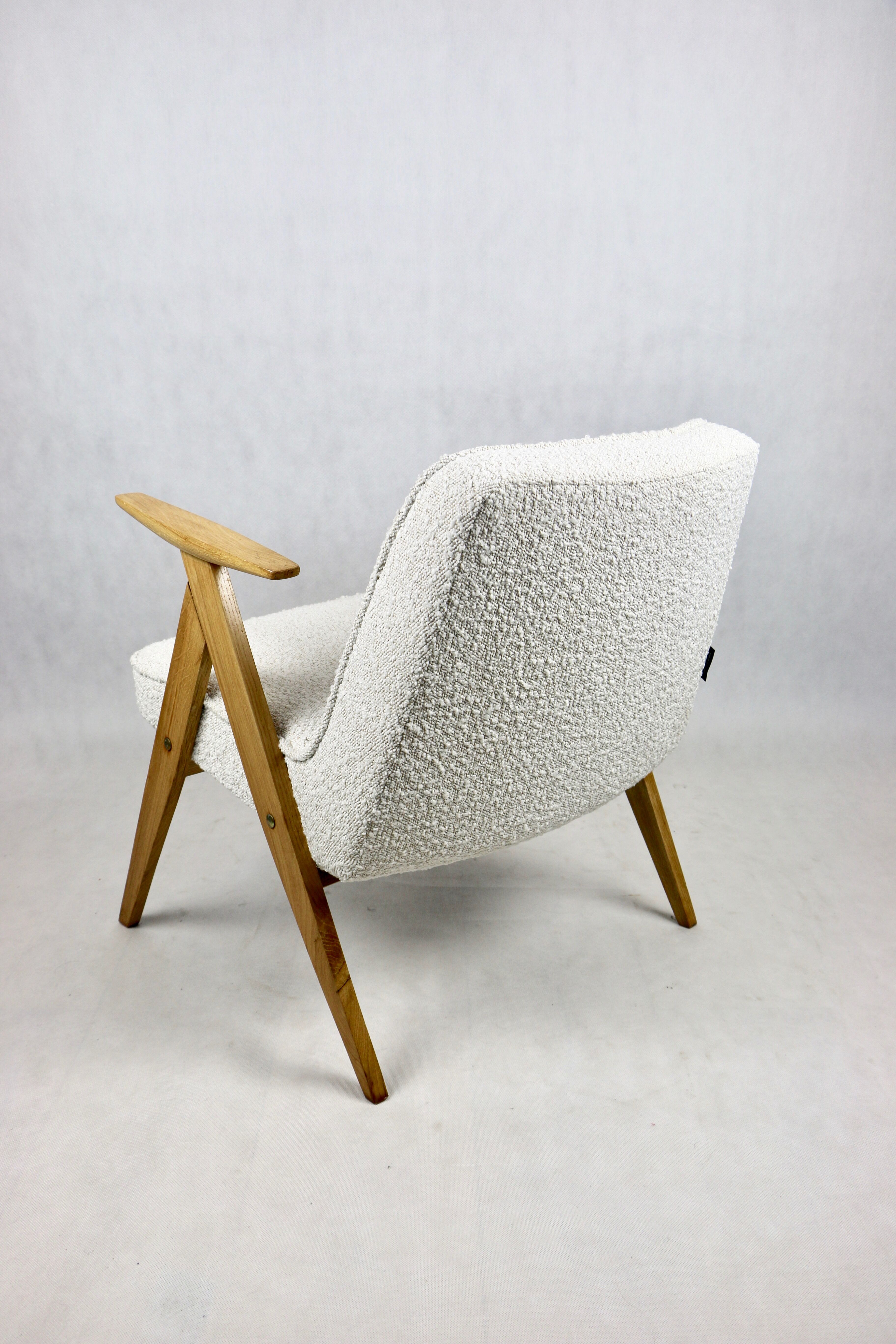 Pearl Boucle & Oak Armchair by Józef Chierowski, 1970s