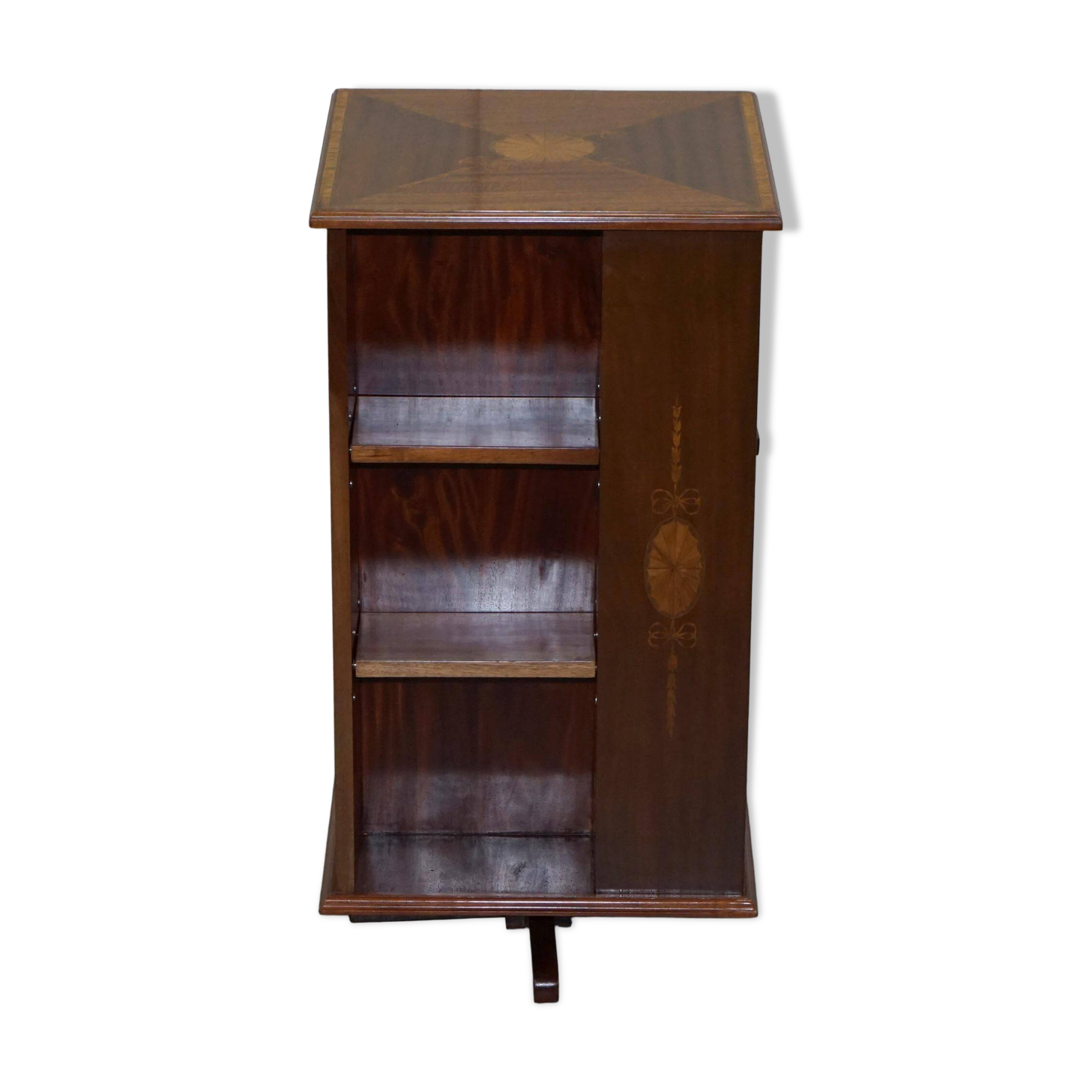 Edwardian burr walnut revolving bookcase with Sheraton inlays circa 1900