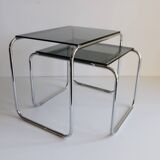 Tubular steel and smoked glass side tables, set of 2