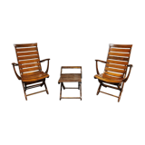 Pair of wooden folding garden chairs with table, 1950s