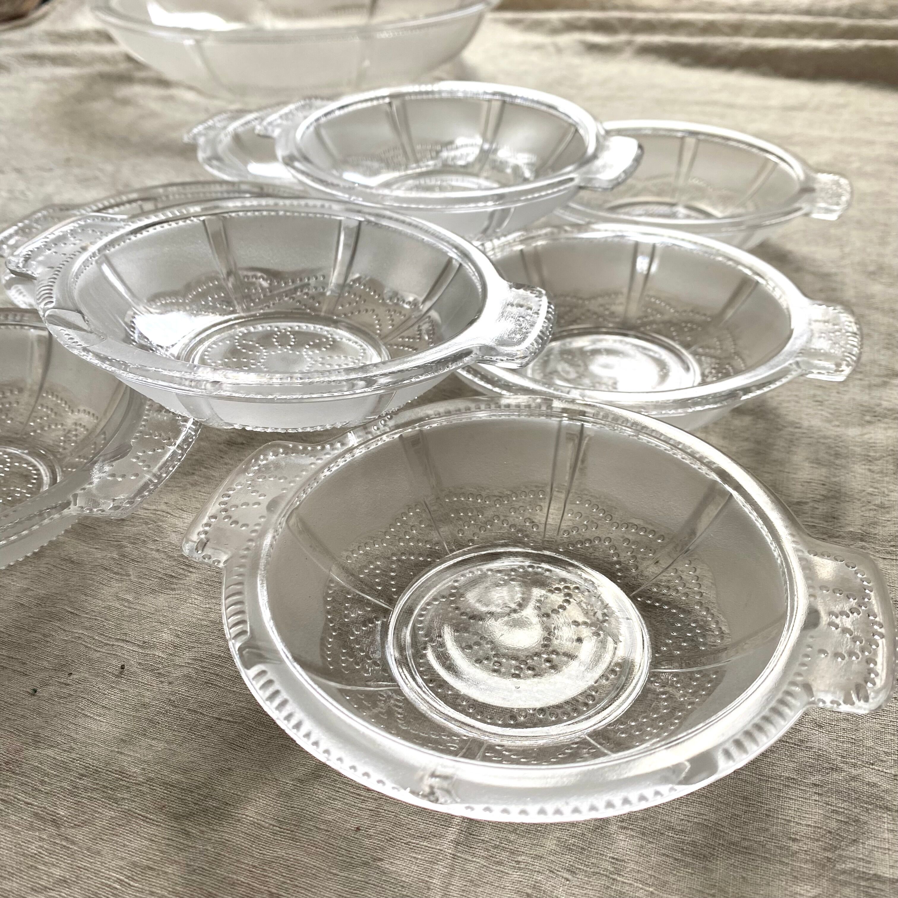Vintage fruit salad set in glass, bowls and salad bowl