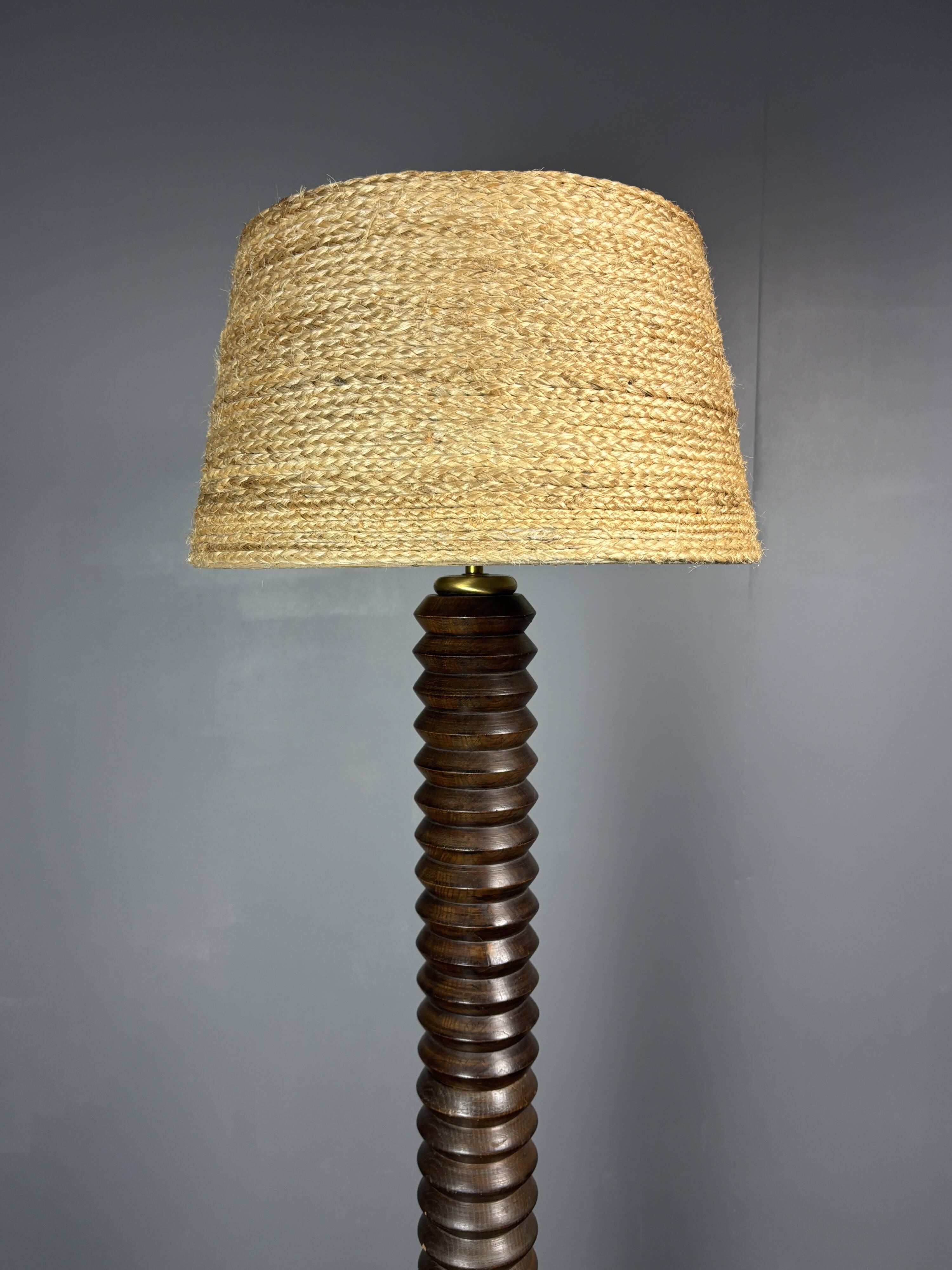 Midcentury brutalist chunky wood turned floor lamp, Charles Dudouyt style.