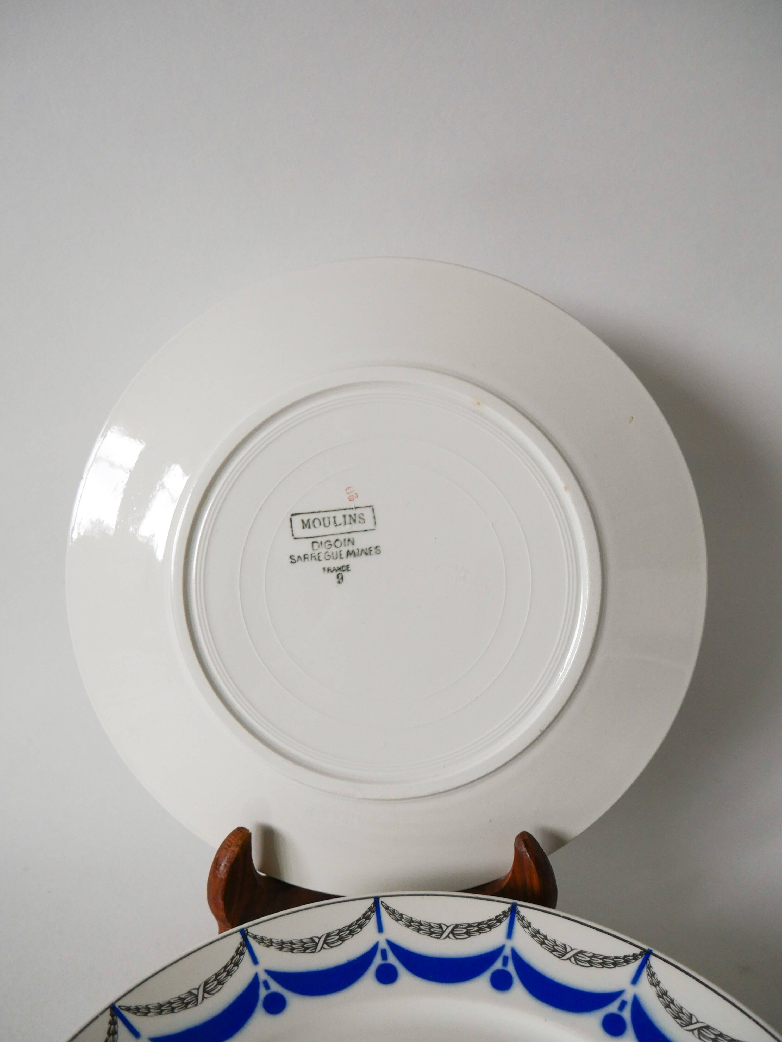 Set of 6 digoin sarreguemines flat plates blue and silver model "moulins" 1950