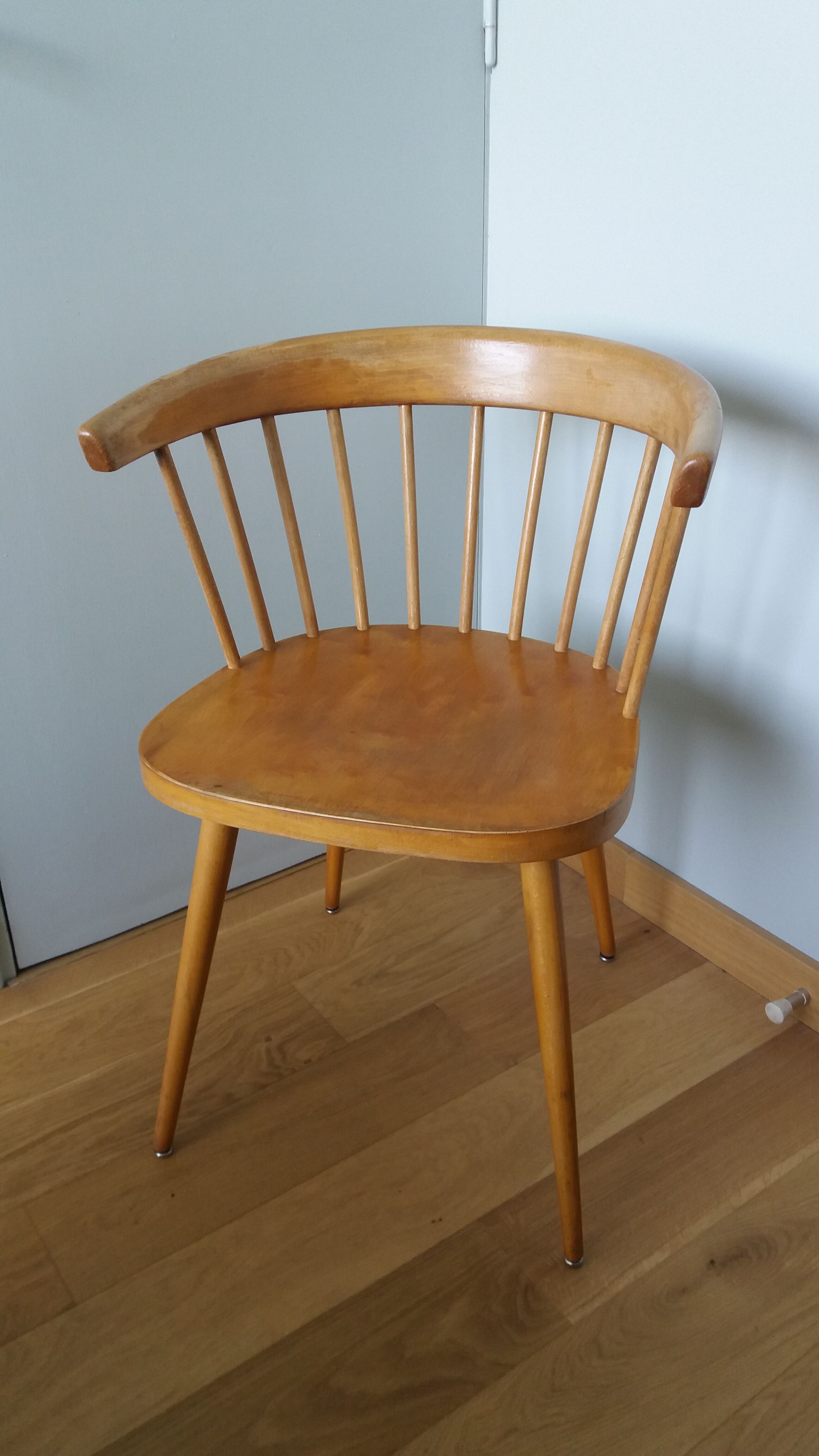 Fauteuil en bois, pieds compas, style scandinave, Baumann ou Thonet