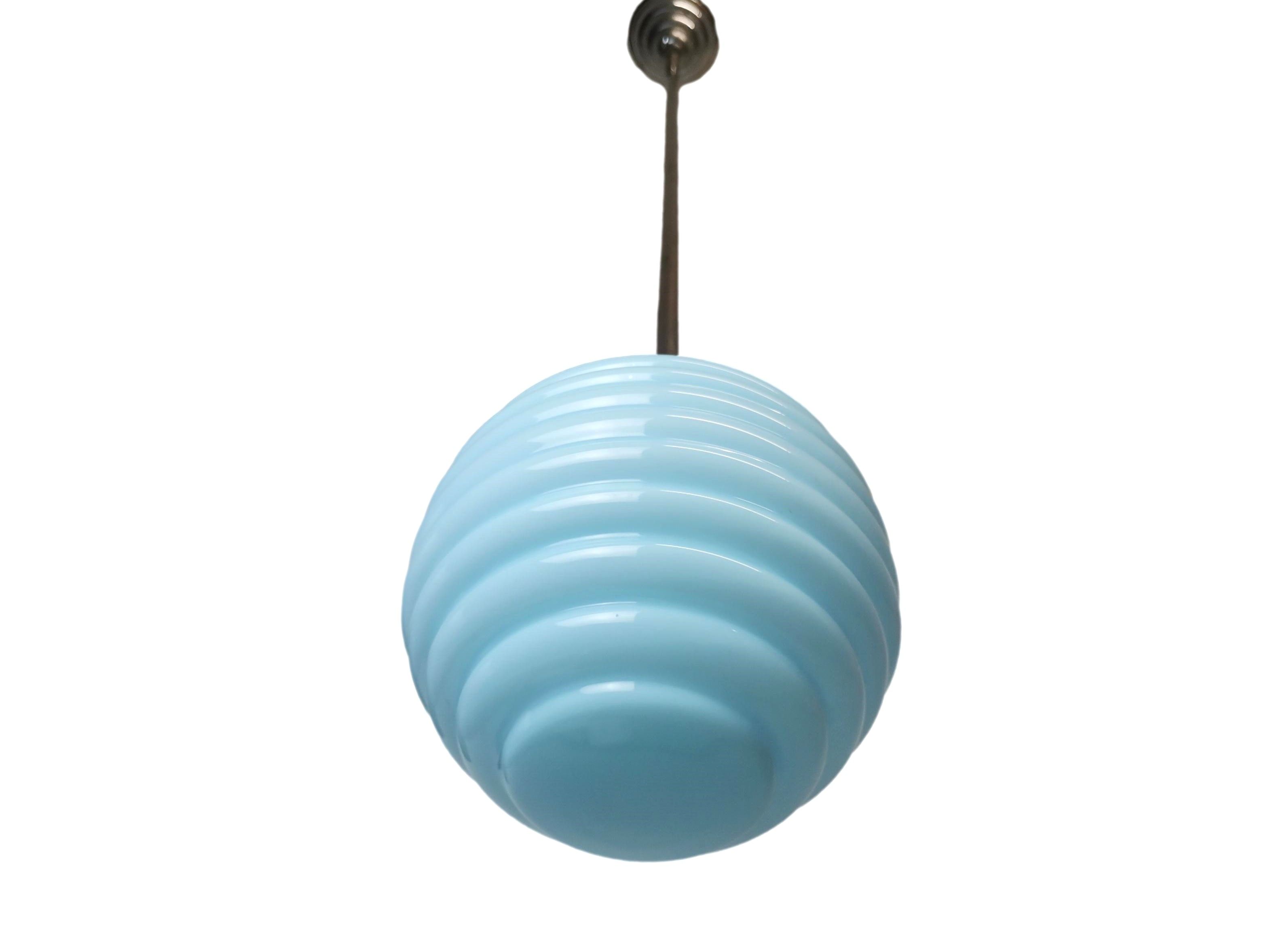 Vintage blue ribbed glass art deco hanging lamp 1950s