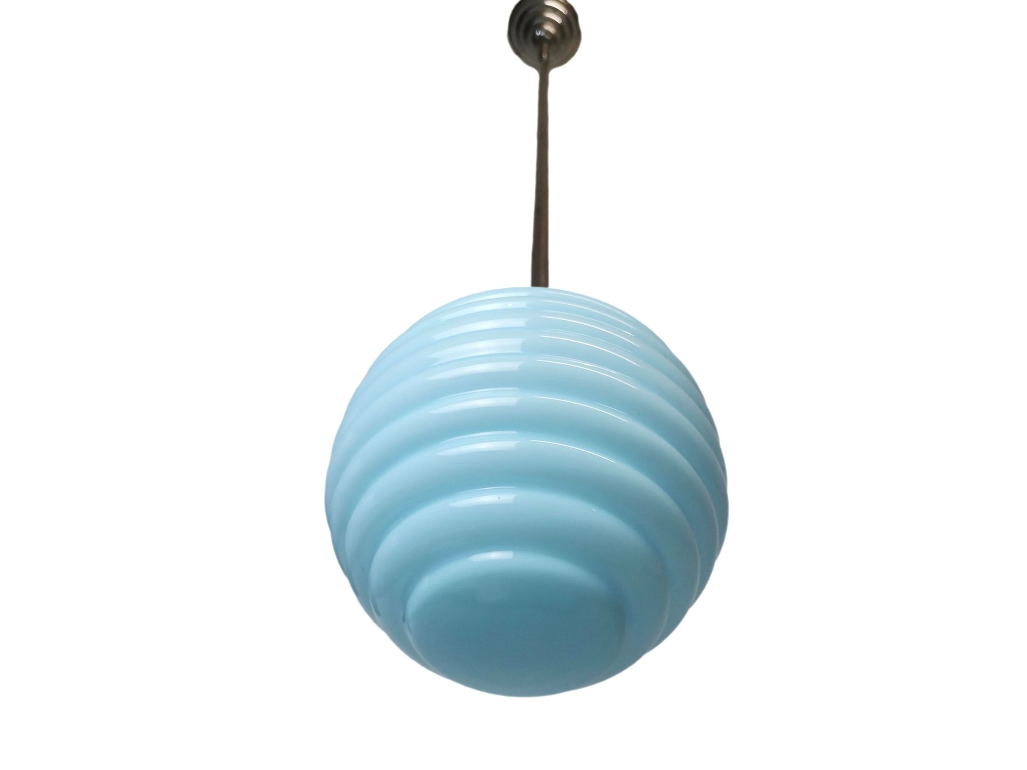 Lampe à suspension vintage art déco en verre nervuré bleu 1950