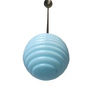 Lampe à suspension vintage art déco en verre nervuré bleu 1950