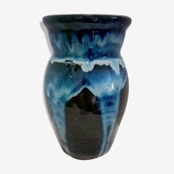 Vase pot en grès flammé émaillé bleu