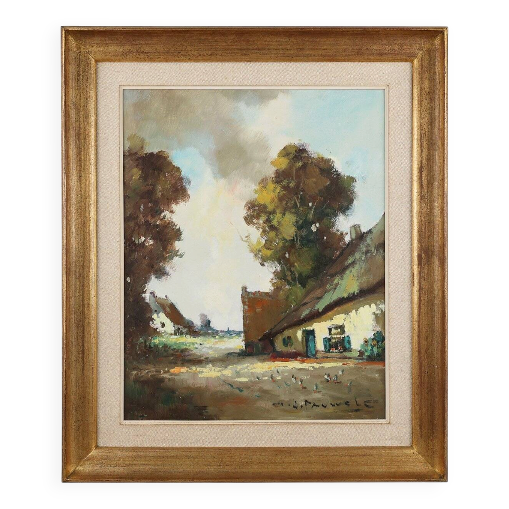 Belgian Painting of a farm scene with gilded wooden frame by Jos Pauwels, 1