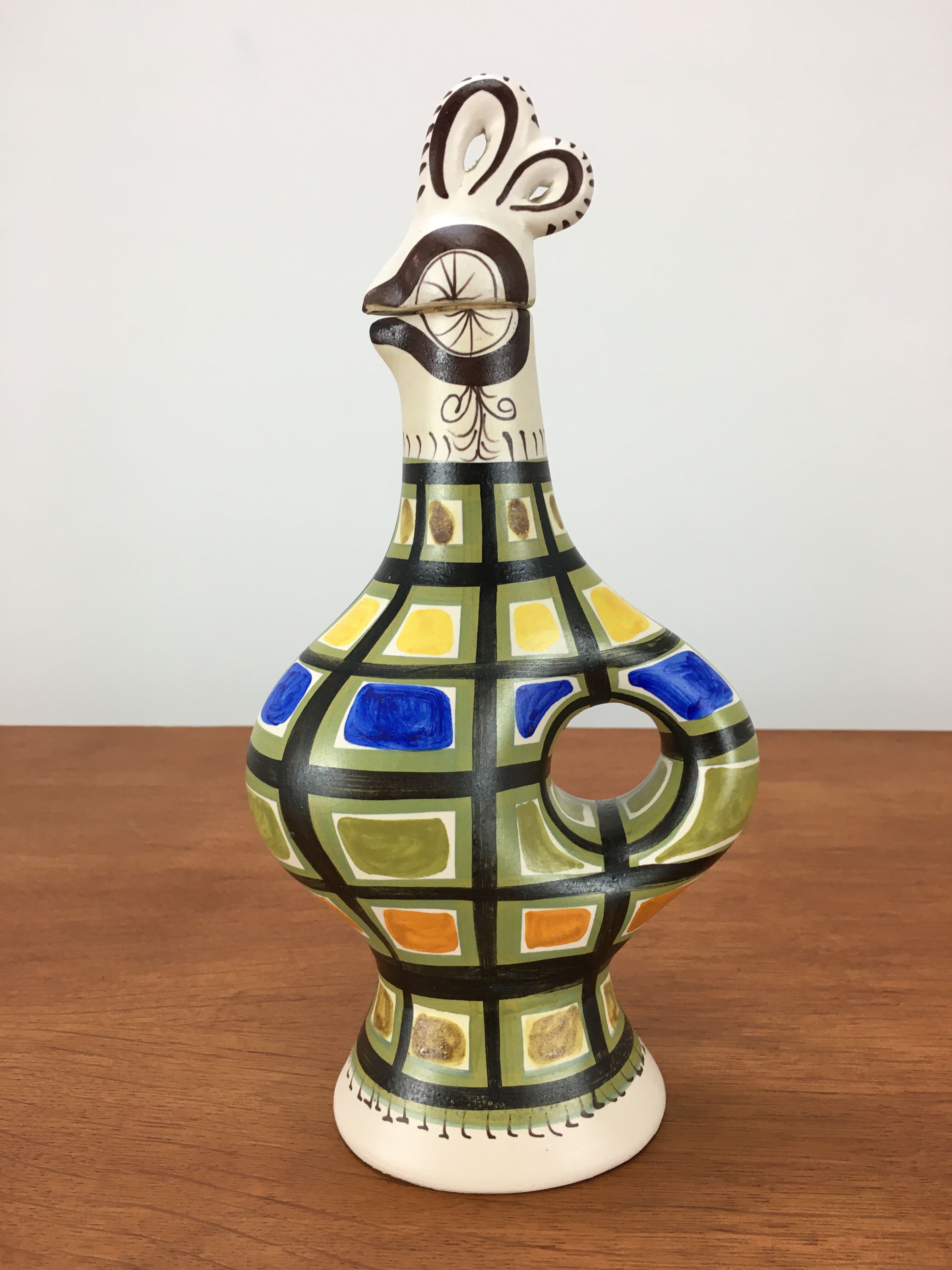 50s André L'Helguen ceramic rooster bottle for Keraluc Quimper