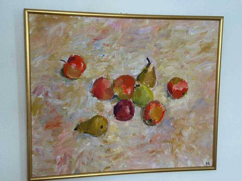 Original Swedish oil on canvas – “Frukt” by Bente Bjerregaard – dated 1989 – vintage & framed 59 × 70 cm