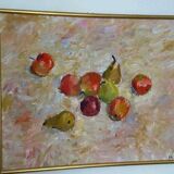 Original Swedish oil on canvas – “Frukt” by Bente Bjerregaard – dated 1989 – vintage & framed 59 × 70 cm