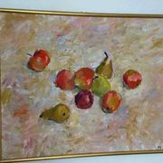 Original Swedish oil on canvas – “Frukt” by Bente Bjerregaard – dated 1989 – vintage & framed 59 × 70 cm