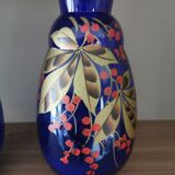 Paire de vases anciens bleu en verre  peints