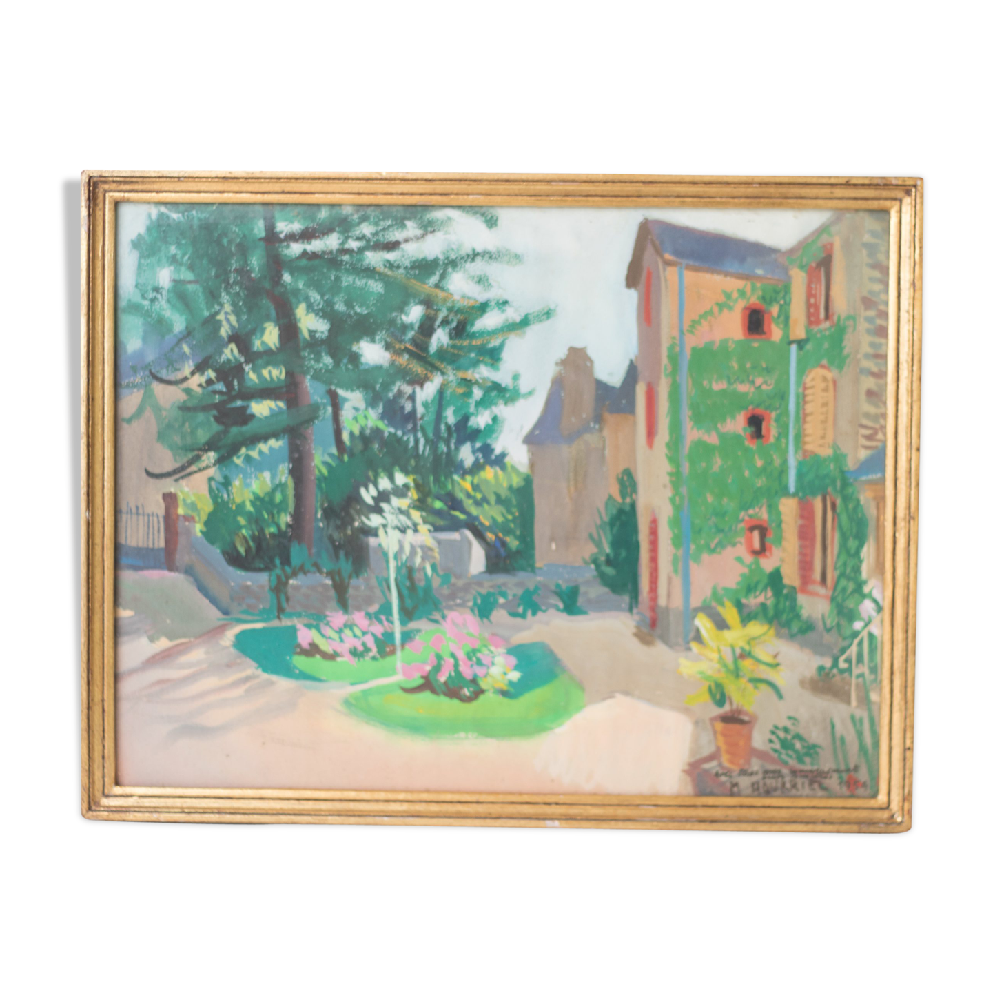 Gouache Marc Hourriel " la maison de maitre au jardin fleuri"