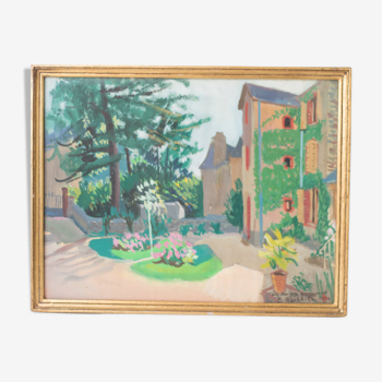 Gouache Marc Hourriel " la maison de maitre au jardin fleuri"