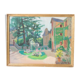 Gouache Marc Hourriel "the master's house with the flower garden"