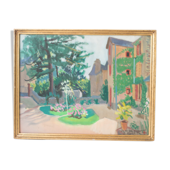 Gouache Marc Hourriel "the master's house with the flower garden"