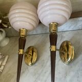 Pair of wall lights in wood, brass, and pink opaline.