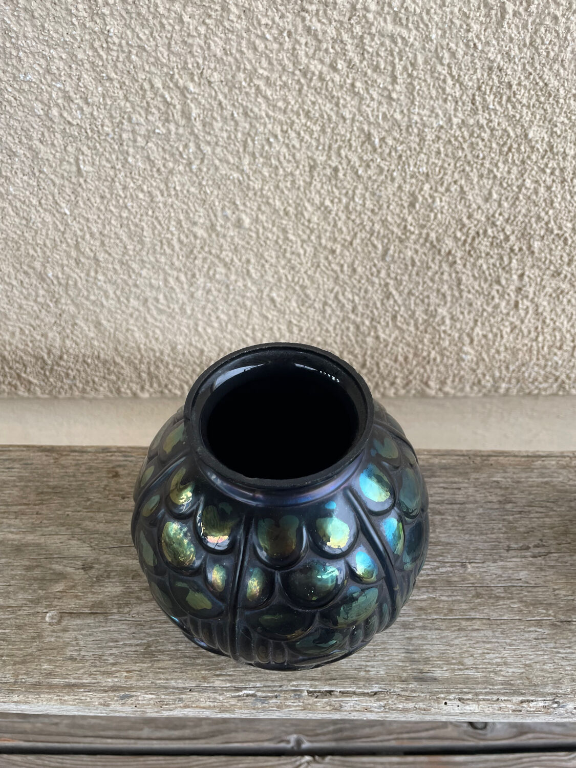 Art Deco Black Sphere Vase with Iridescent Blue Reflections French Manufacture