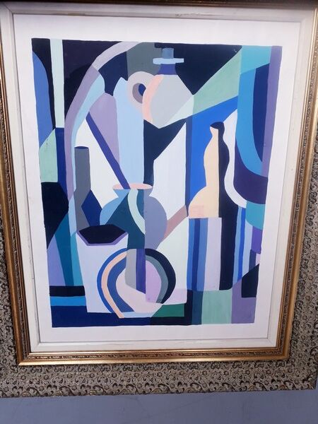 Cubist gouache painting, still life, anonymous 1970