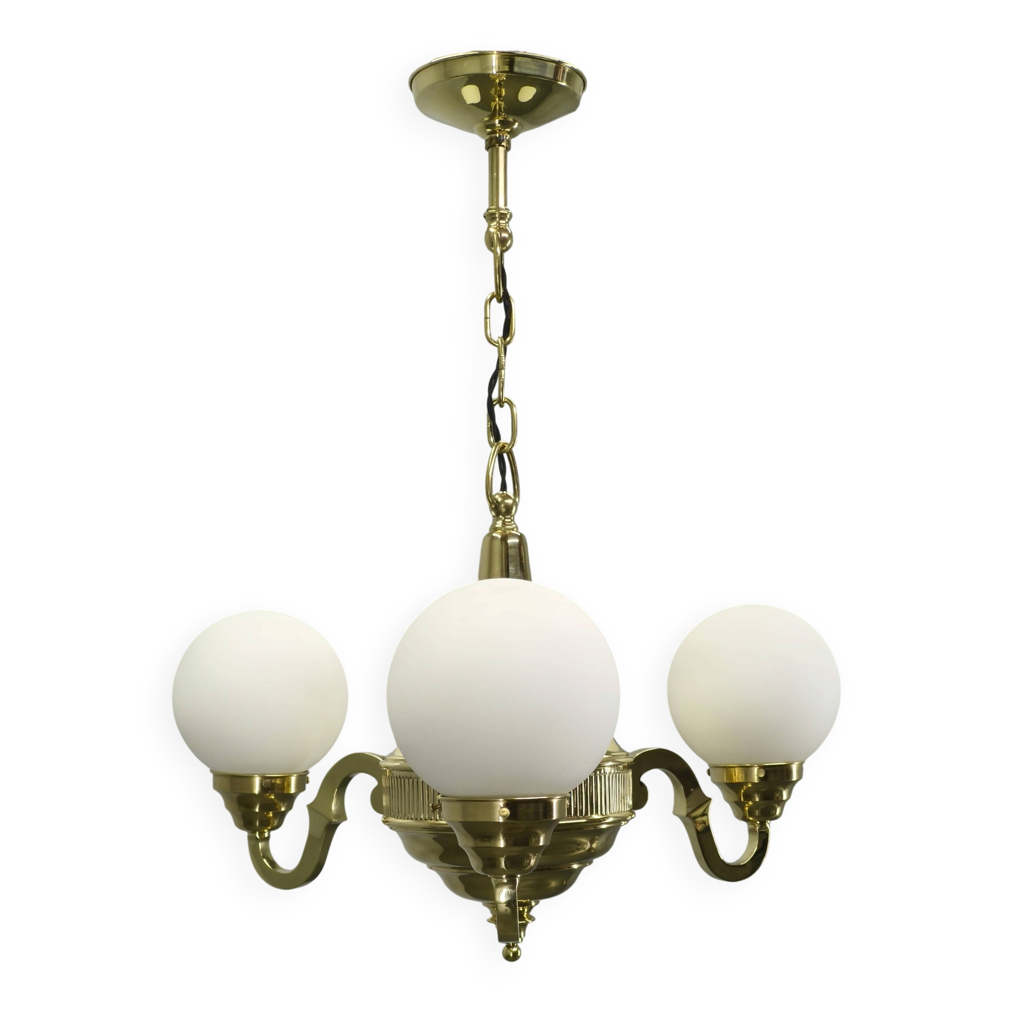 1930s Czech Neo-Baroque Brass Chandelier with Opaline Glass Globes