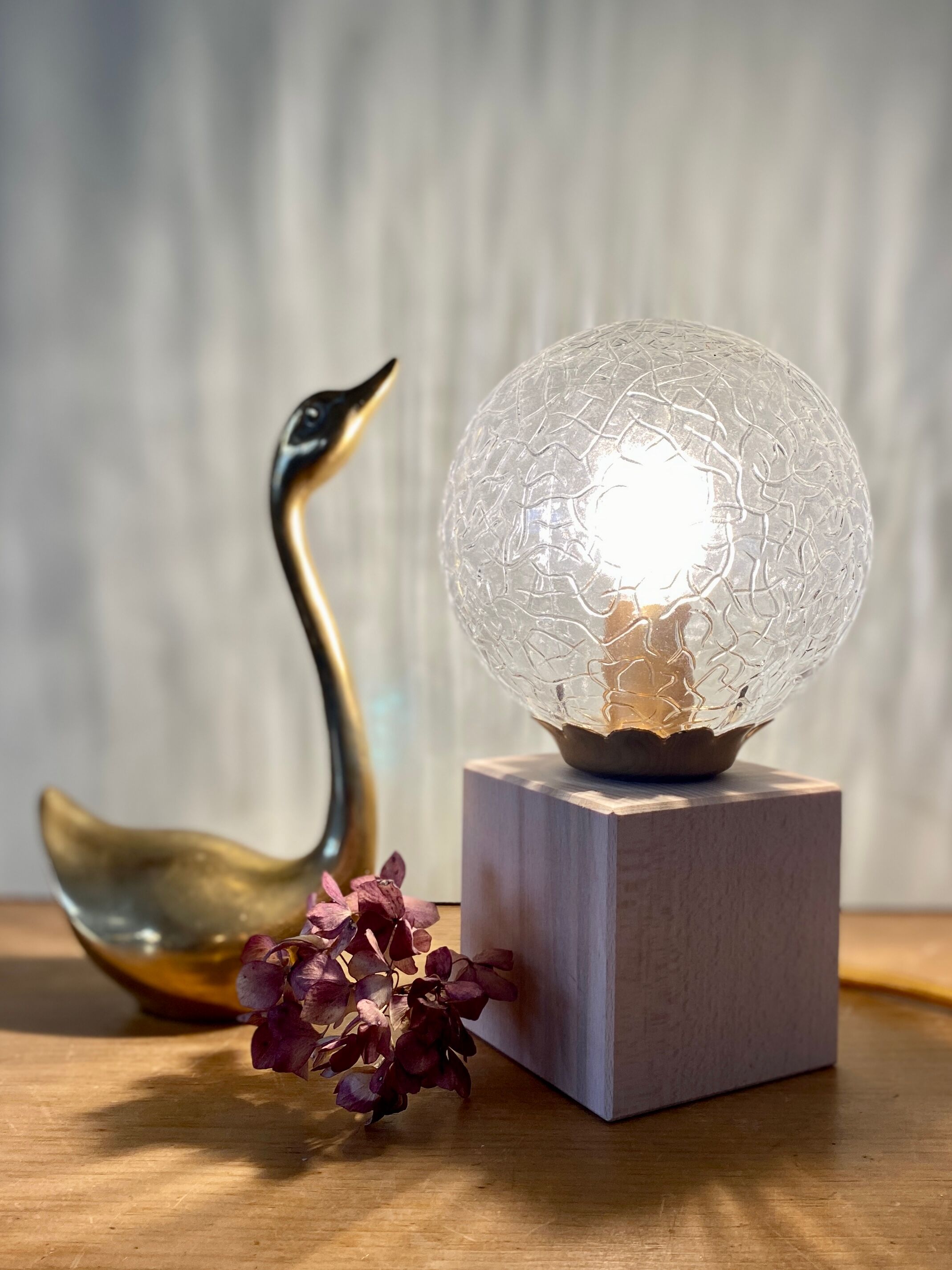 Vintage glass globe table lamp and wooden foot