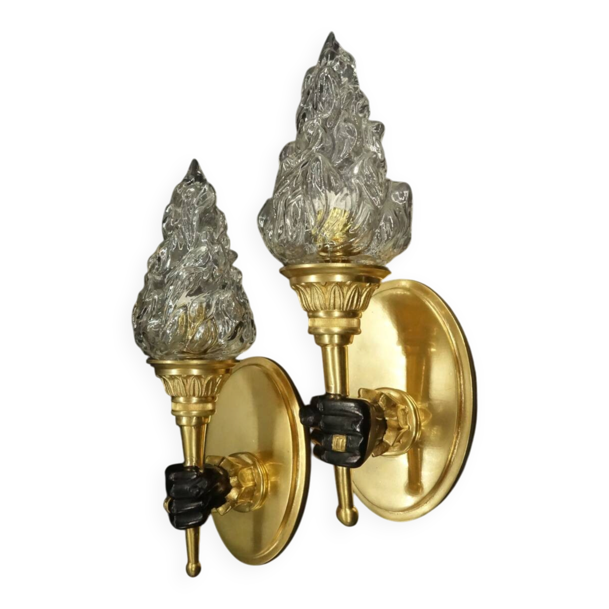 Pair of wall lights with hands in the style of John Devoluy - gilded bronze with black patina.