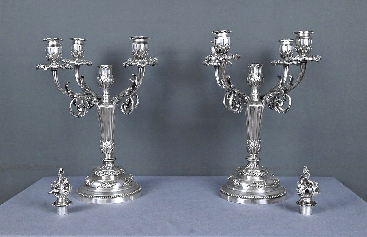 Pair of silver-plated candelabra, Louis XVI style – late 19th century