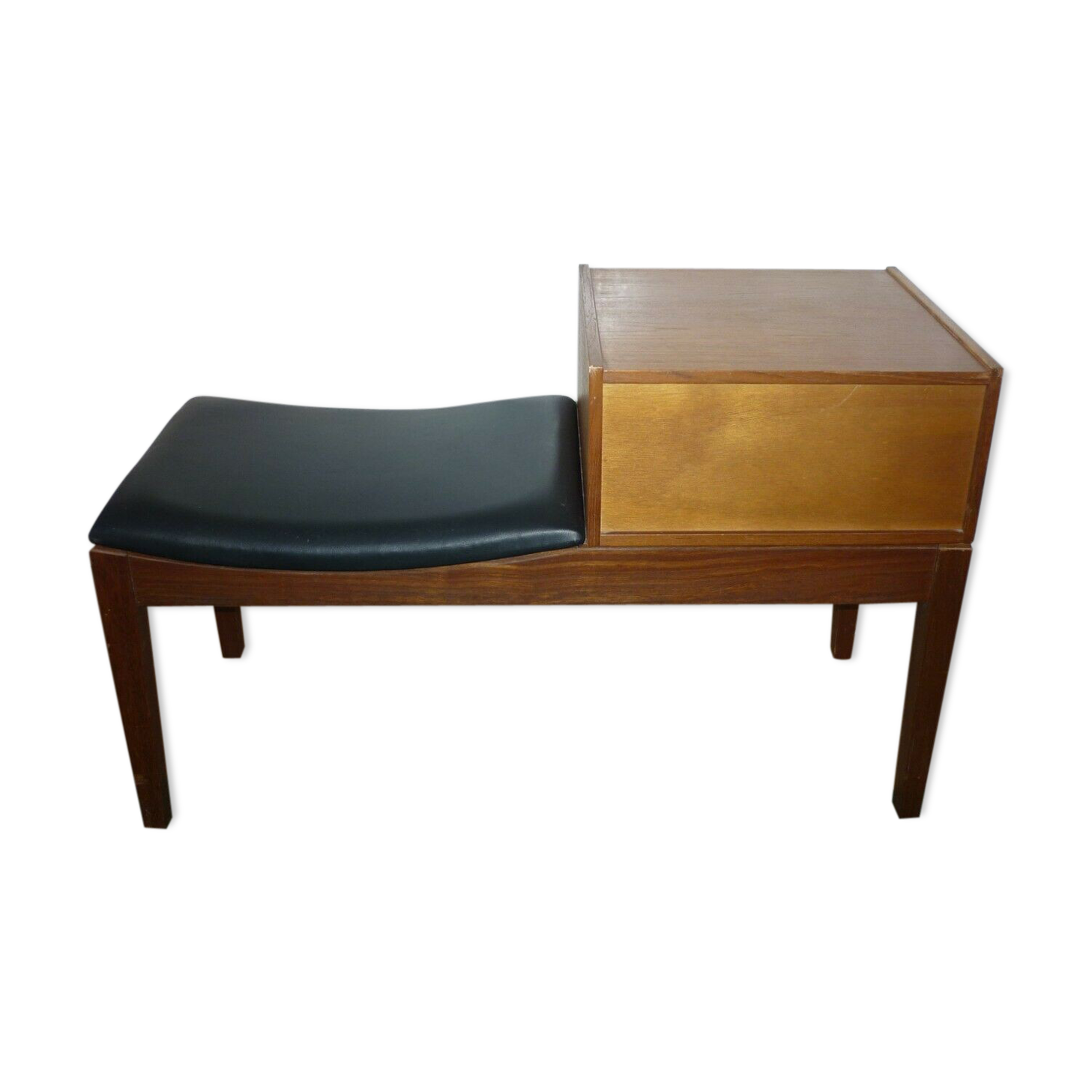 Banquette de téléphone en teck ancien avec siège en vinyle