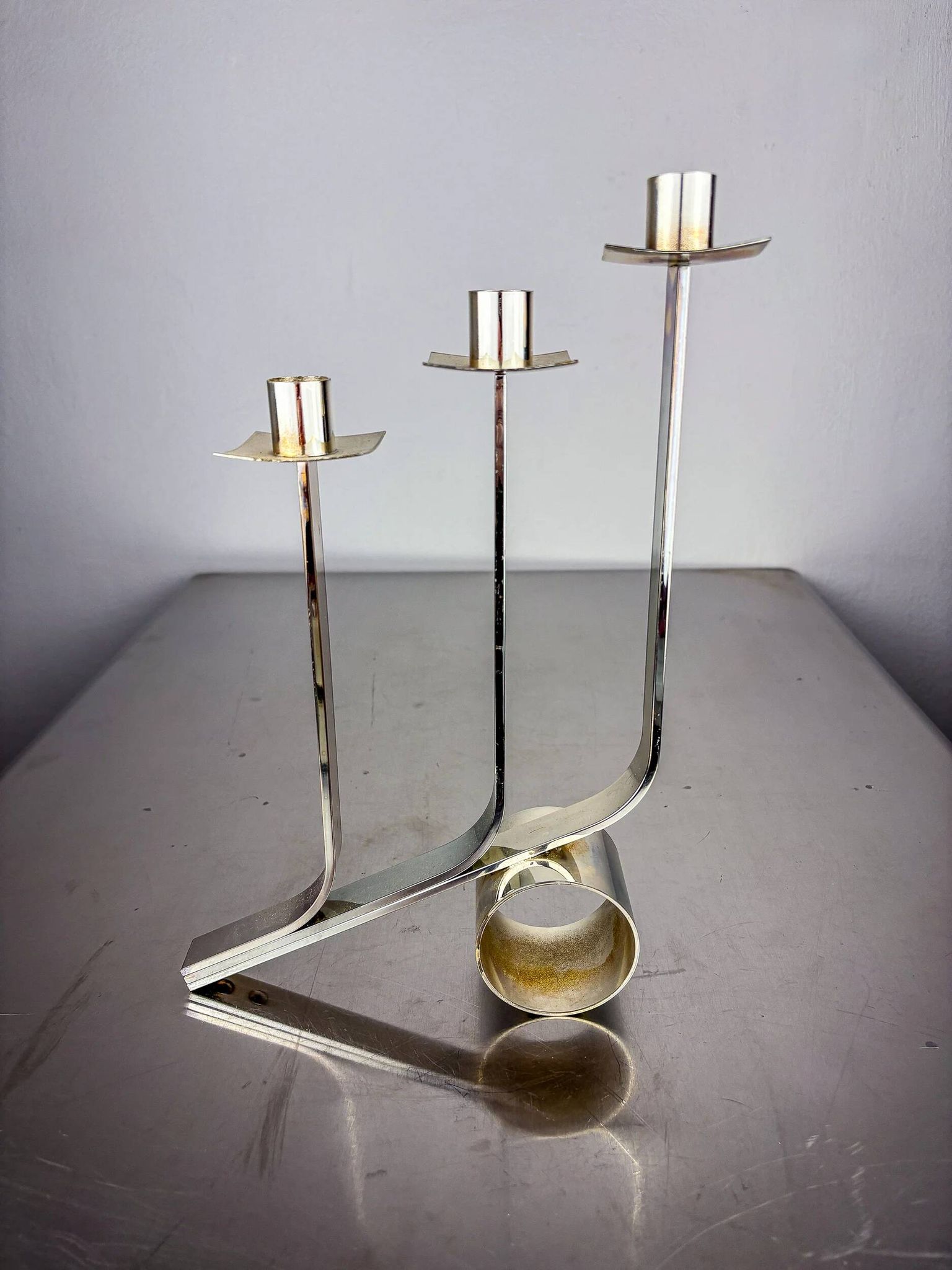 Art Deco 3-flame candelabra in stainless steel, France