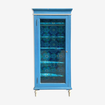 Antique showcase on feet - blue finish and glass door