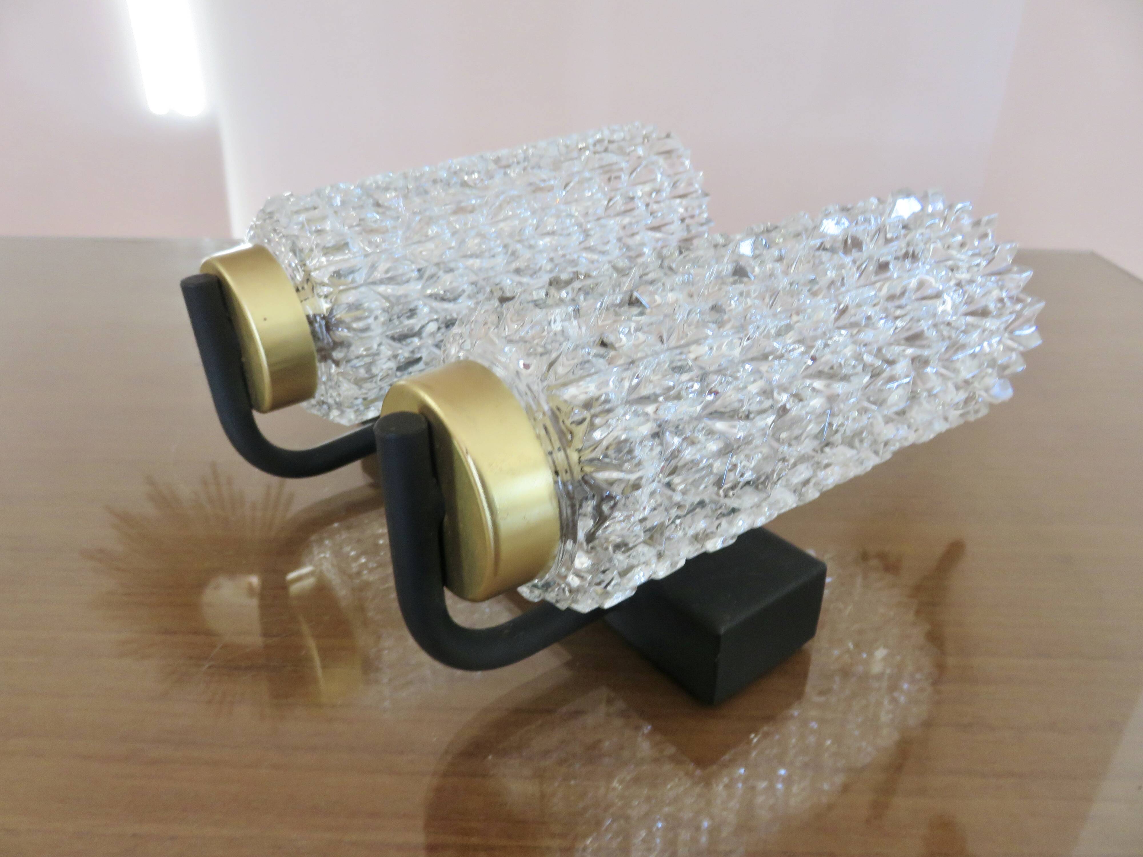 Arlus style double wall lamp in gold metal and black lacquered metal, diamond tip glass 1960
