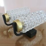 Arlus style double wall lamp in gold metal and black lacquered metal, diamond tip glass 1960