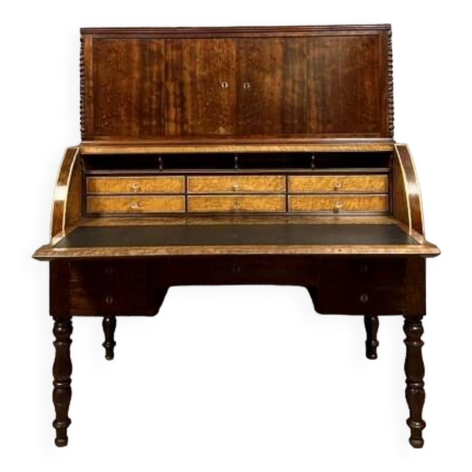Bureau à cylindre époque Louis Philippe, Restauration en acajou moucheté