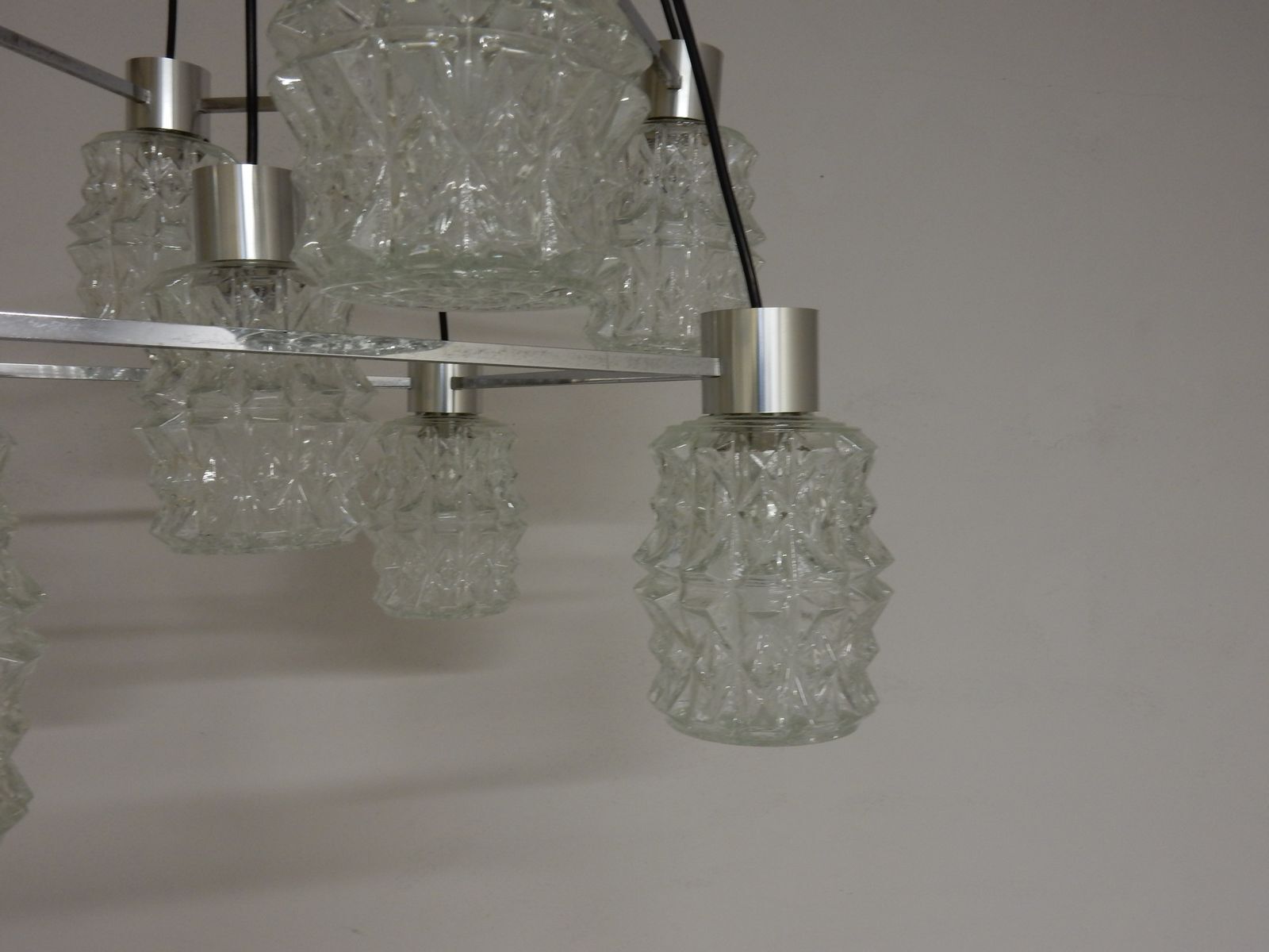 1970s glass and chrome chandelier