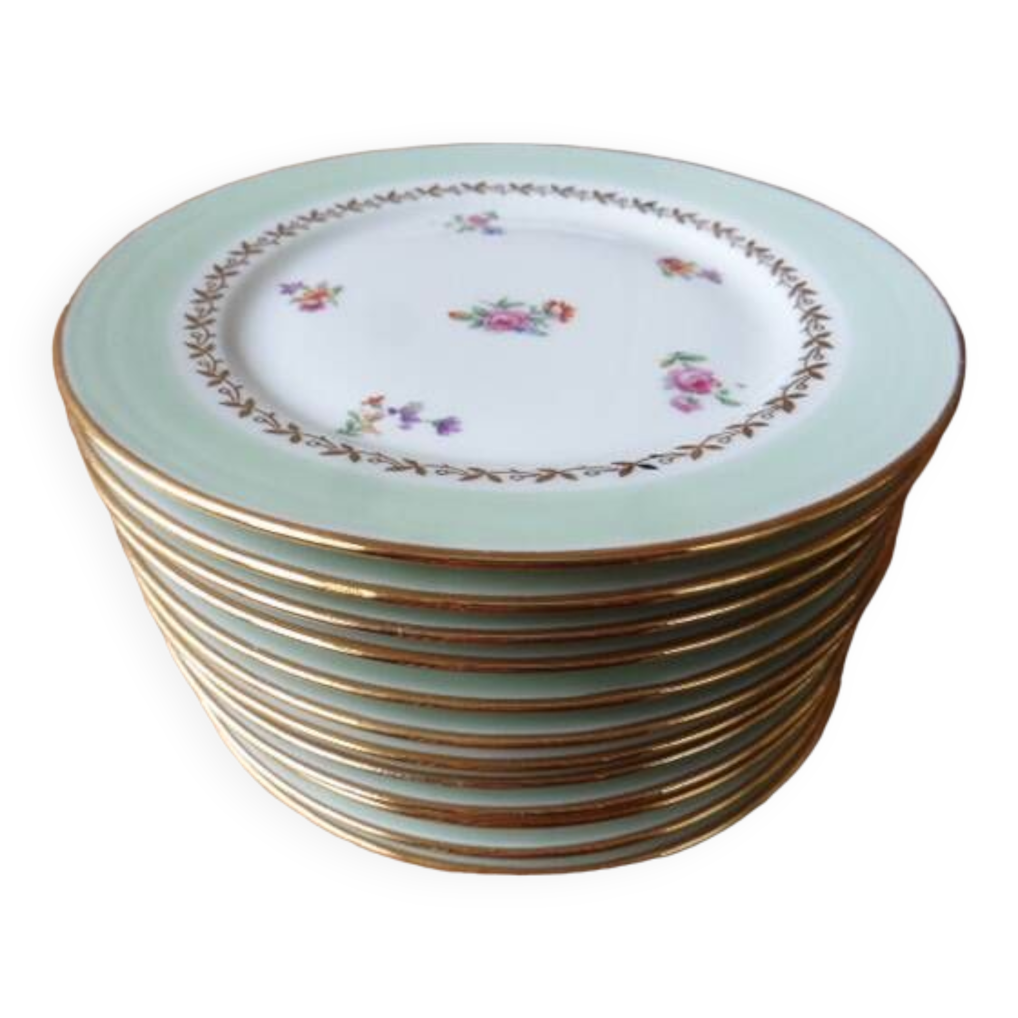 12 PL Limoges porcelain dessert plates 17.8 cm flower decoration