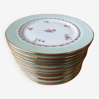 12 assiettes à dessert en porcelaine PL Limoges 17,8 cm décor de fleurs