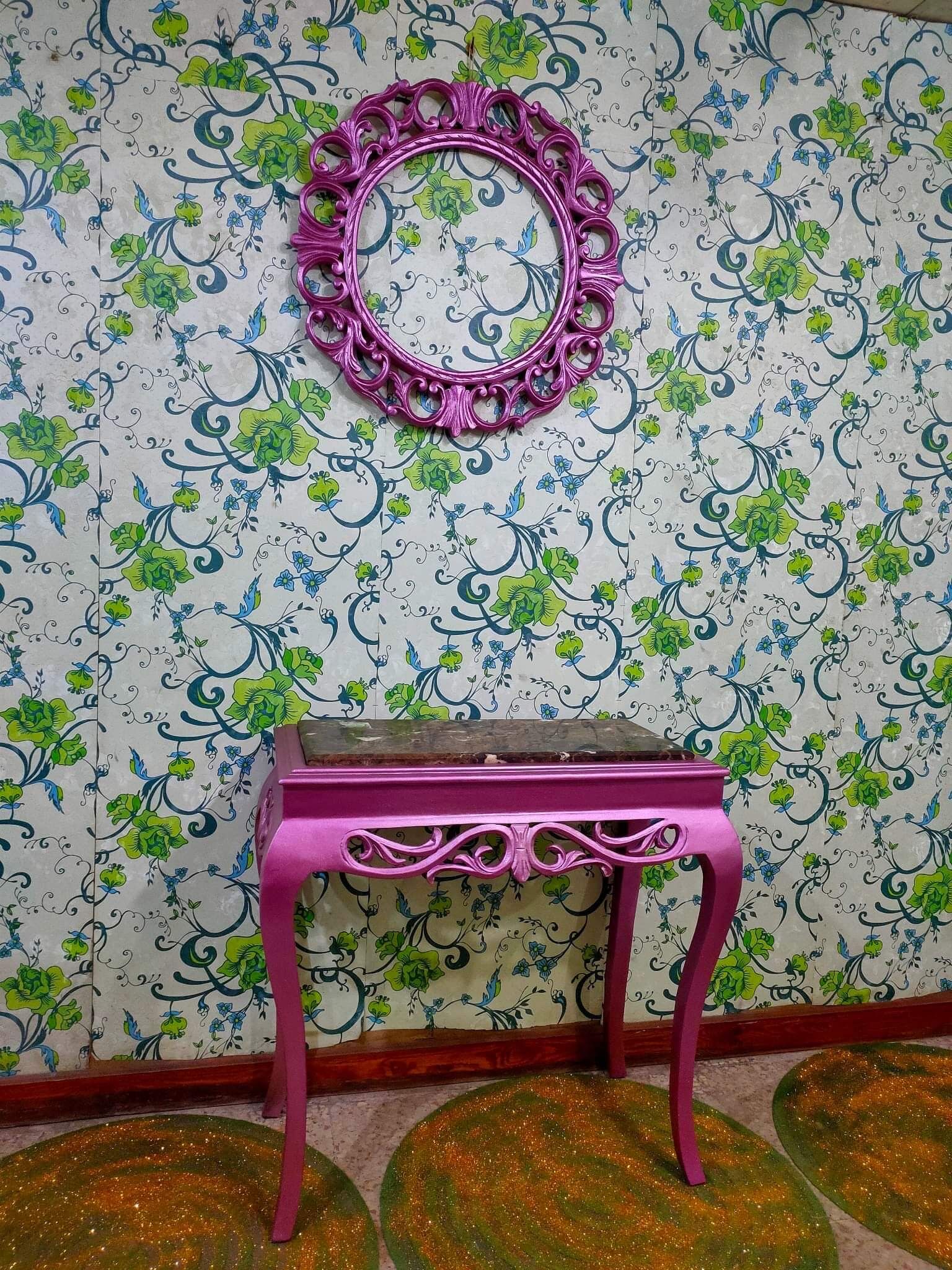 Console with marble and a mirror Louis XV pink style